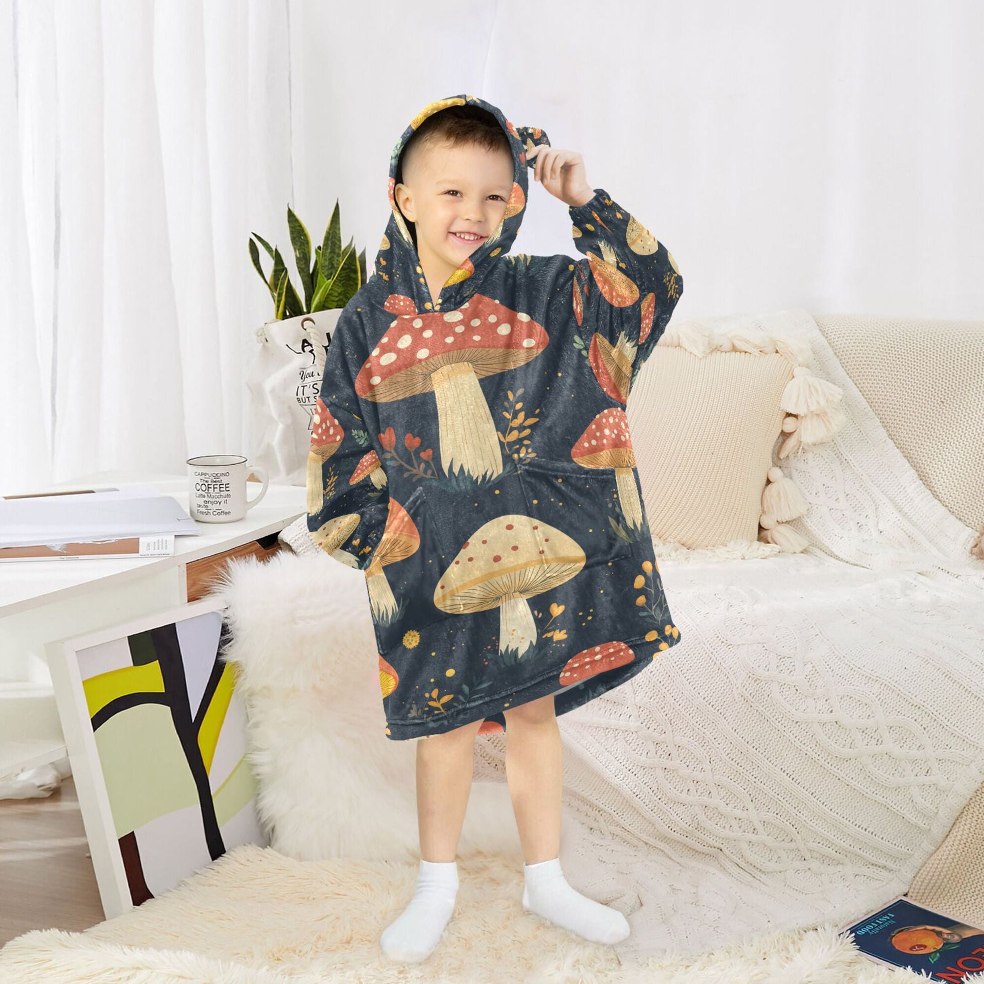 FORMRS Wearable Blanket Hoodie with Sleeves for Kids Cozy Flannel Sweatshirt, Black Mushroom Pattern