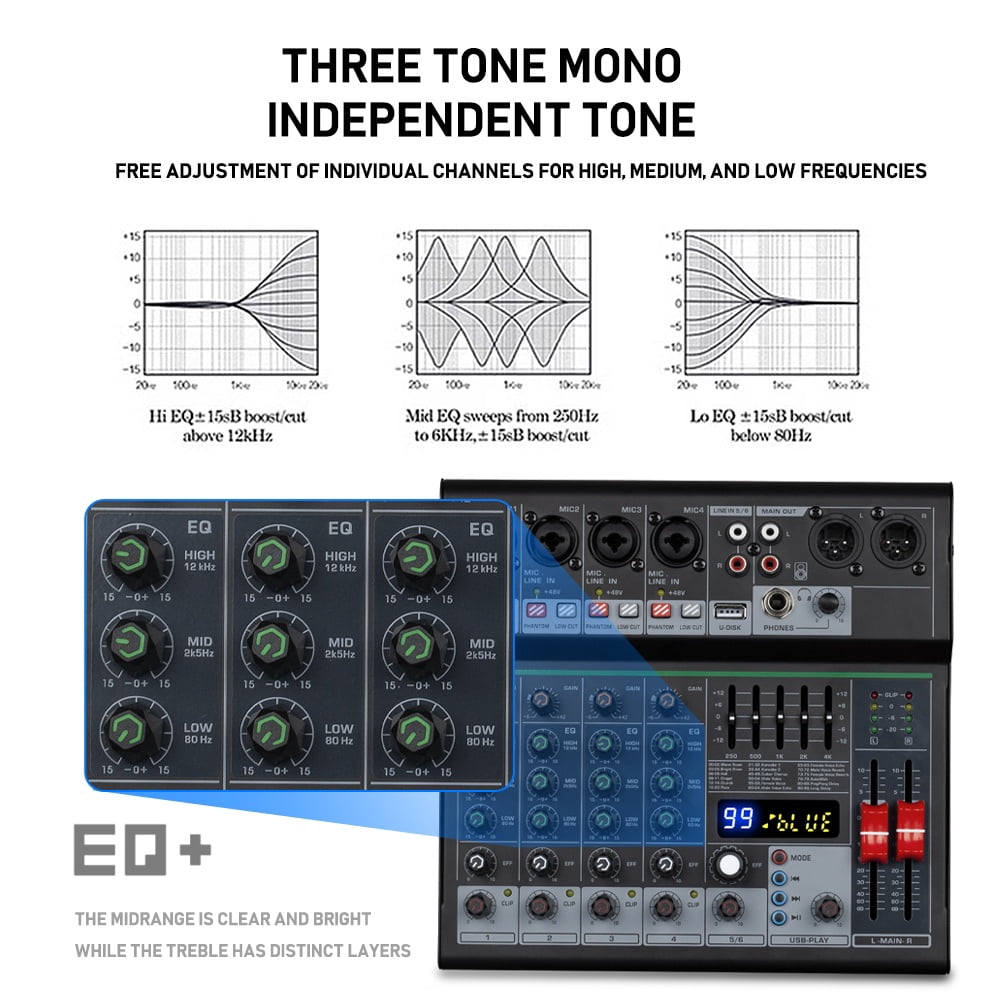 Professional DJ Party Music 6 Channel Mixer Console with Bluetooth USB 99DSP Effect OTG