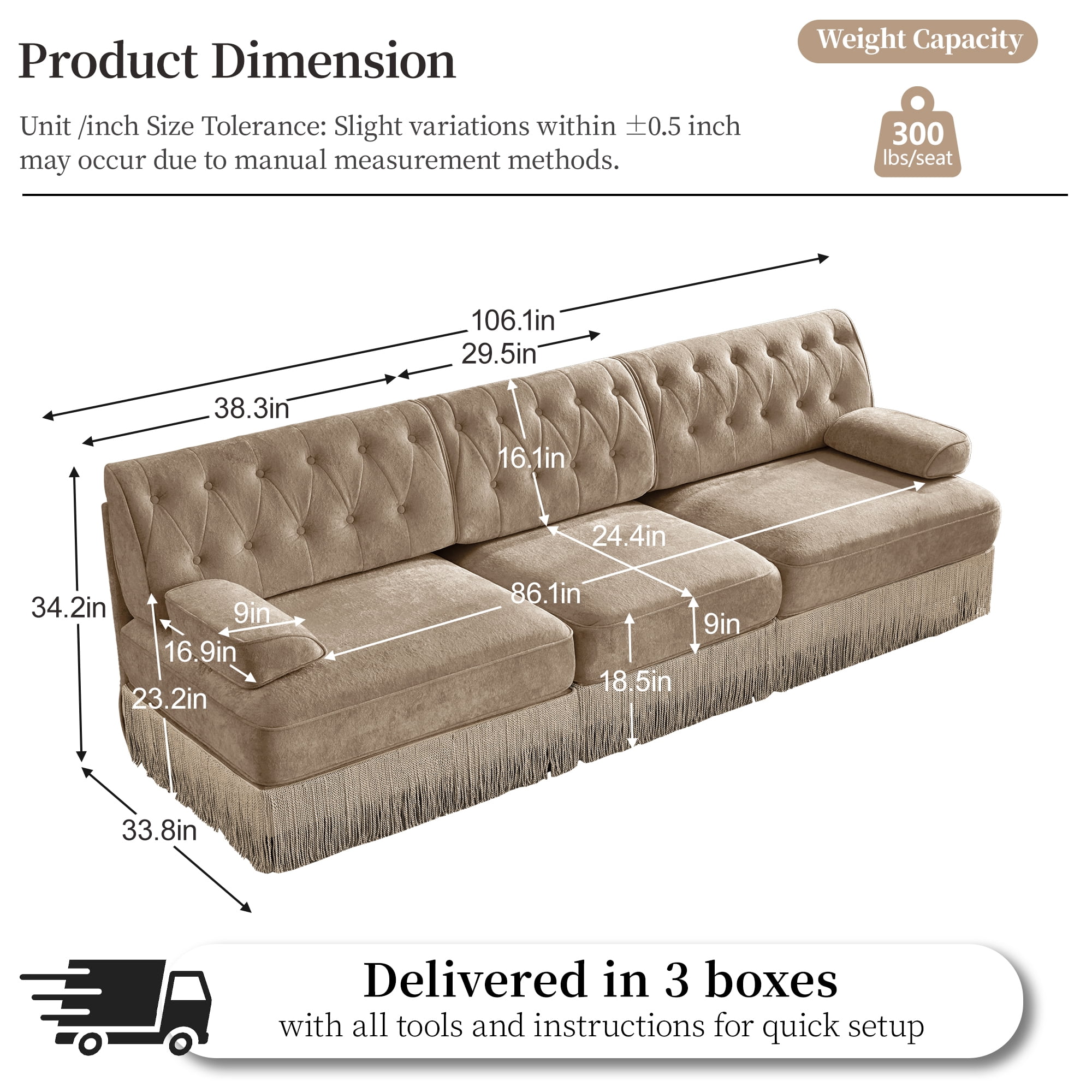3‑Piece Sectional Sofa Set, 2 Pcs Loveseat & 1 Pcs 106" 3‑Seater Sofa Couch Set with Tassel Skirt