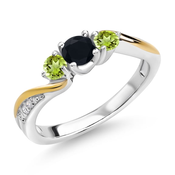 Gem Stone King 925 Sterling Silver Black Onyx Green Peridot and White Lab Grown Diamond 3 Stone Engagement Ring for Women (0.49 Cttw, Gemstone December Birthstone, Size 6)