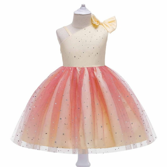 FFENYAN Girls Sleeveless One Shoulder Bow Dress Sequin Princess Puffy Dress Elegant Party Gown for Special Occasions Toddler and Big Kids Dress Up for 2-10 Years