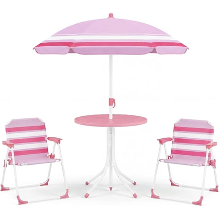 OLAKIDS Kids Picnic Table Outdoor Toddler Patio Furniture Set with 2 Folding Chairs Adjustable Foldable Umbrella for Garden Backyard Beach
