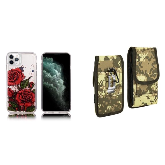Liquid Glitter Case for iPhone 14 Pro and Belt Holster Pouch (Red Rose/ACU)
