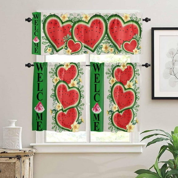 Kitchen Curtains Set, Summer Watermelon Kitchen Curtains and Valances Set, Red Green Love Heart Flowers Rod Pocket Tier Curtains 24 Inch Length for Cafe/Bedroom Windows