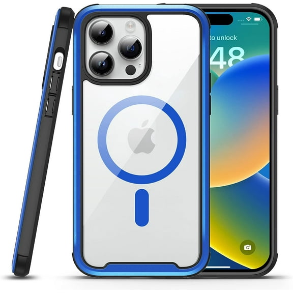 for iPhone 14 Pro Max Case Magnetic, [Compatible with MagSafe & 3X Military Grade Drop Protection] Clear Back Aluminum Frame Phone Case for iPhone 14 Pro Max, Blue