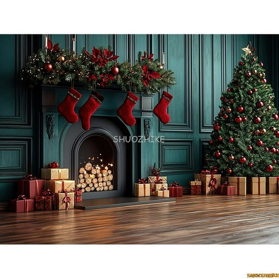 Cozy Christmas Day Sce Fireplace Photography Backdrop Props Winter Living Room New Year Gift Holiday Photo Background RS-08