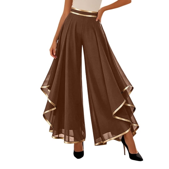 Fgnfyis Women's Wide Leg Pants Elegant High Waist Layered Chiffon Spliced Piping Casual Trousers Womens Palazzo Pants Coffee XXXL
