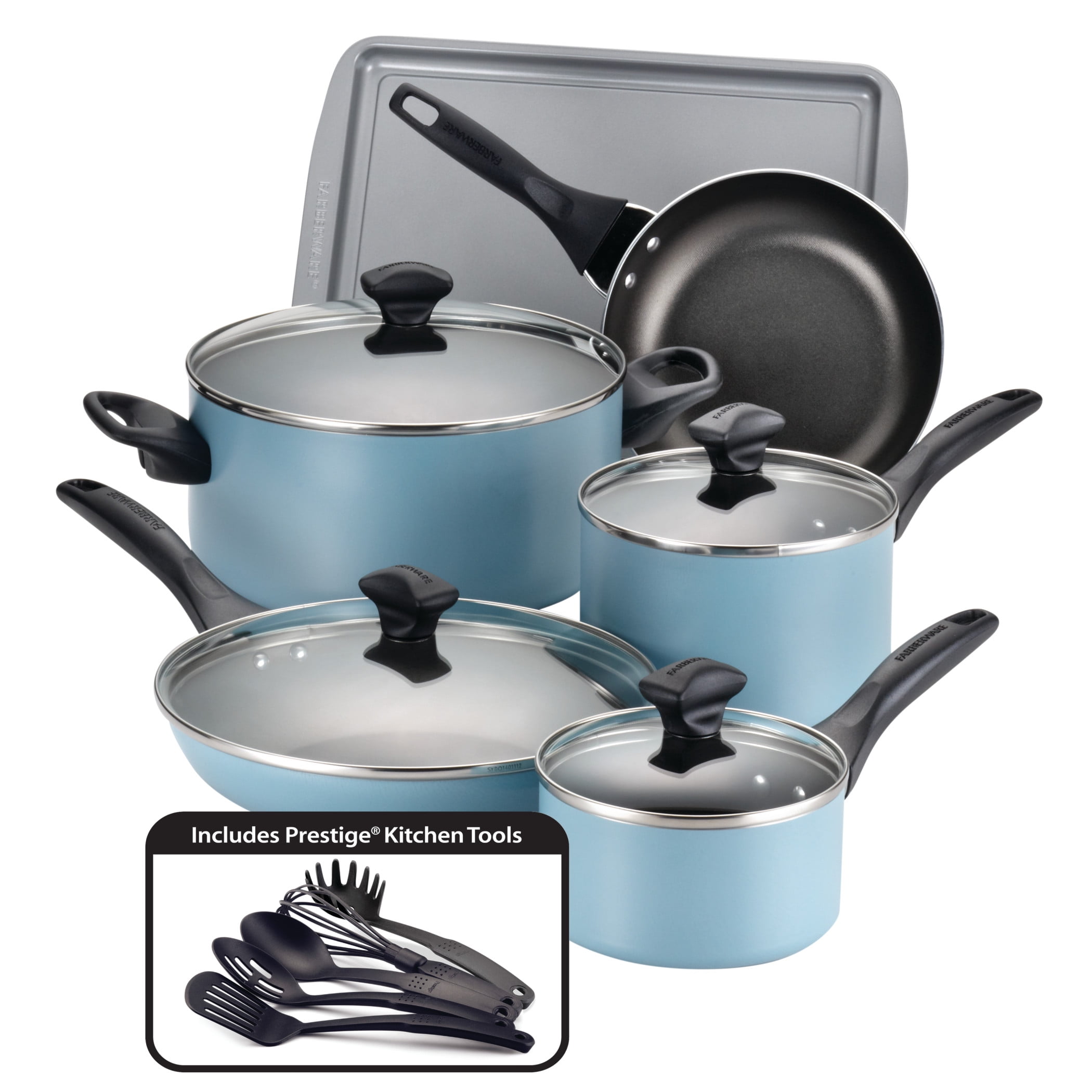 Farberware 15Piece Dishwasher Safe Nonstick Cookware Set, Aqua