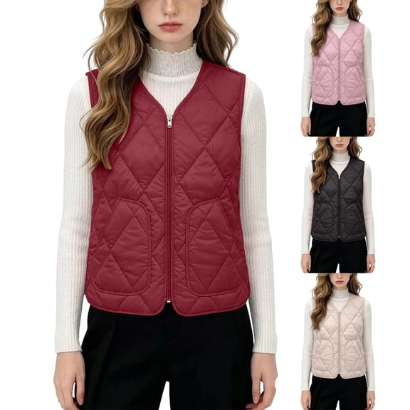 Oksale Womens Quilted Vest Jackets Lightweight Casual Zip Up V Neck Puffer Outerwear Vests for Fall Winter Fashion Clothing with Pockets Red M