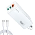 thumbnail image 1 of Cargador Bwine de pared GaN de 65 W, USB C, 3 puertos, con cable de 1,2 m, blanco, 1 of 9