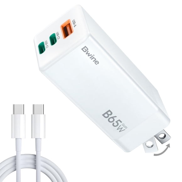 Cargador Bwine de pared GaN de 65 W, USB C, 3 puertos, con cable de 1,2 m, blanco