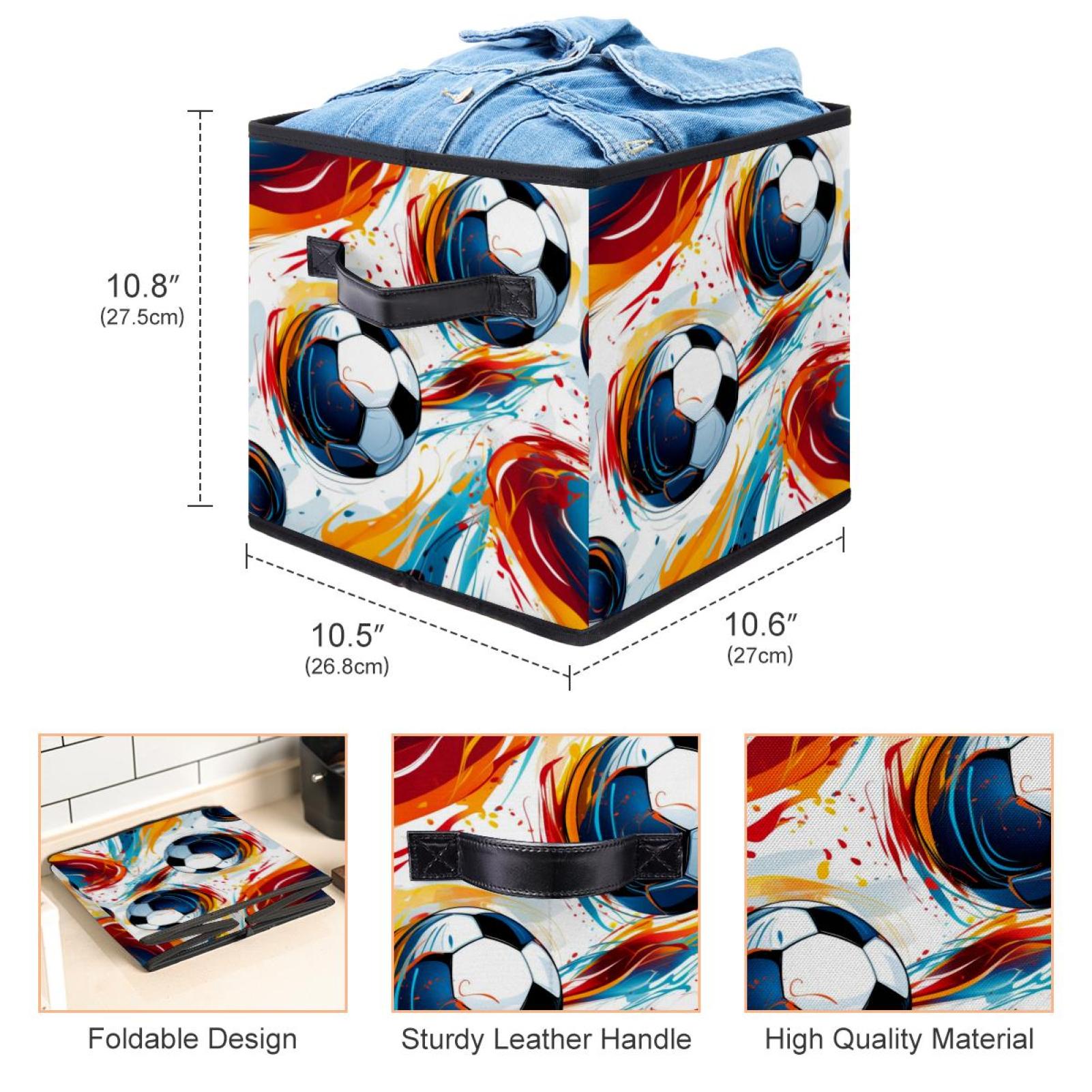 Football Foldable Toy Box Storage Cubes Storage Basket with Handle, 10.8"x10.5"x10.6", Large Capacity