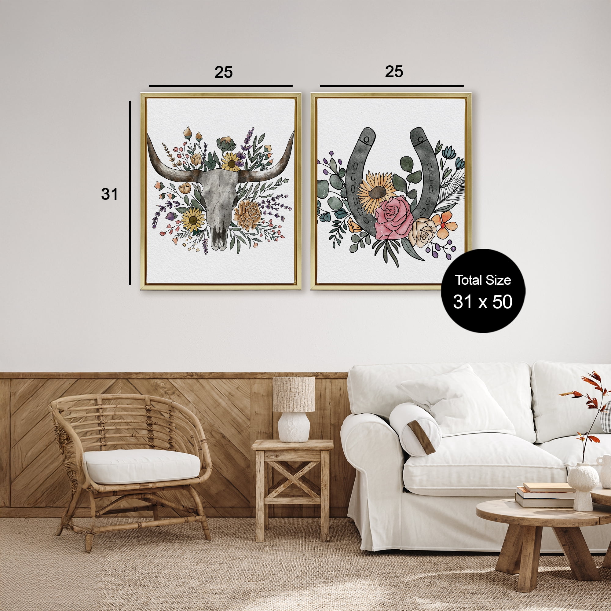 Stupell Industries Boho Longhorn & Horseshoe 2 Piece Gold Framed Floater Canvas Set, design by Alisha Kiara Design