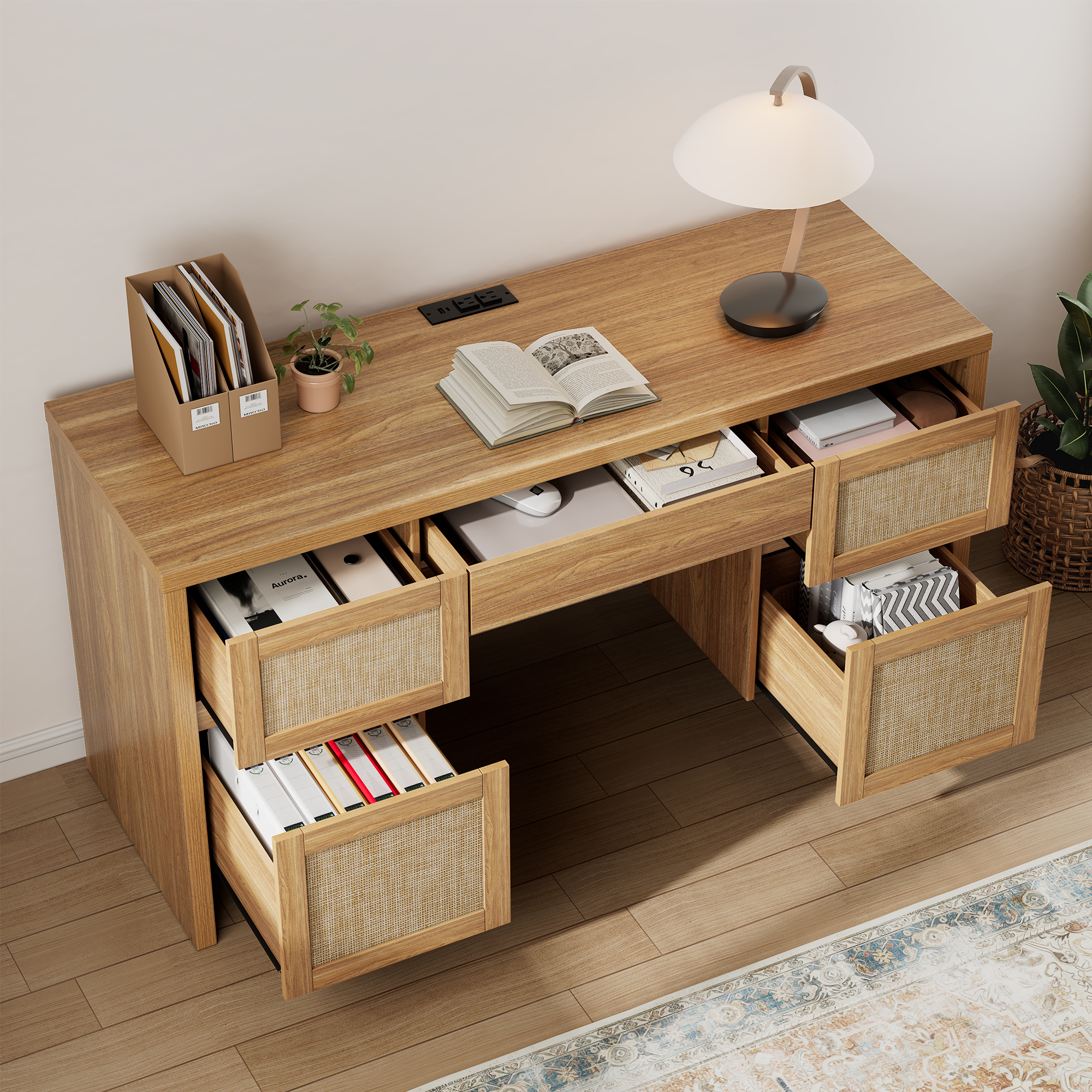 Brafab Home Office Desk with Charging Station, 5-Drawer Executive Desk with Rattan Front, Modern Farmhouse Computer Writing Desk, Built-in USB/Type-C Ports & Outlets