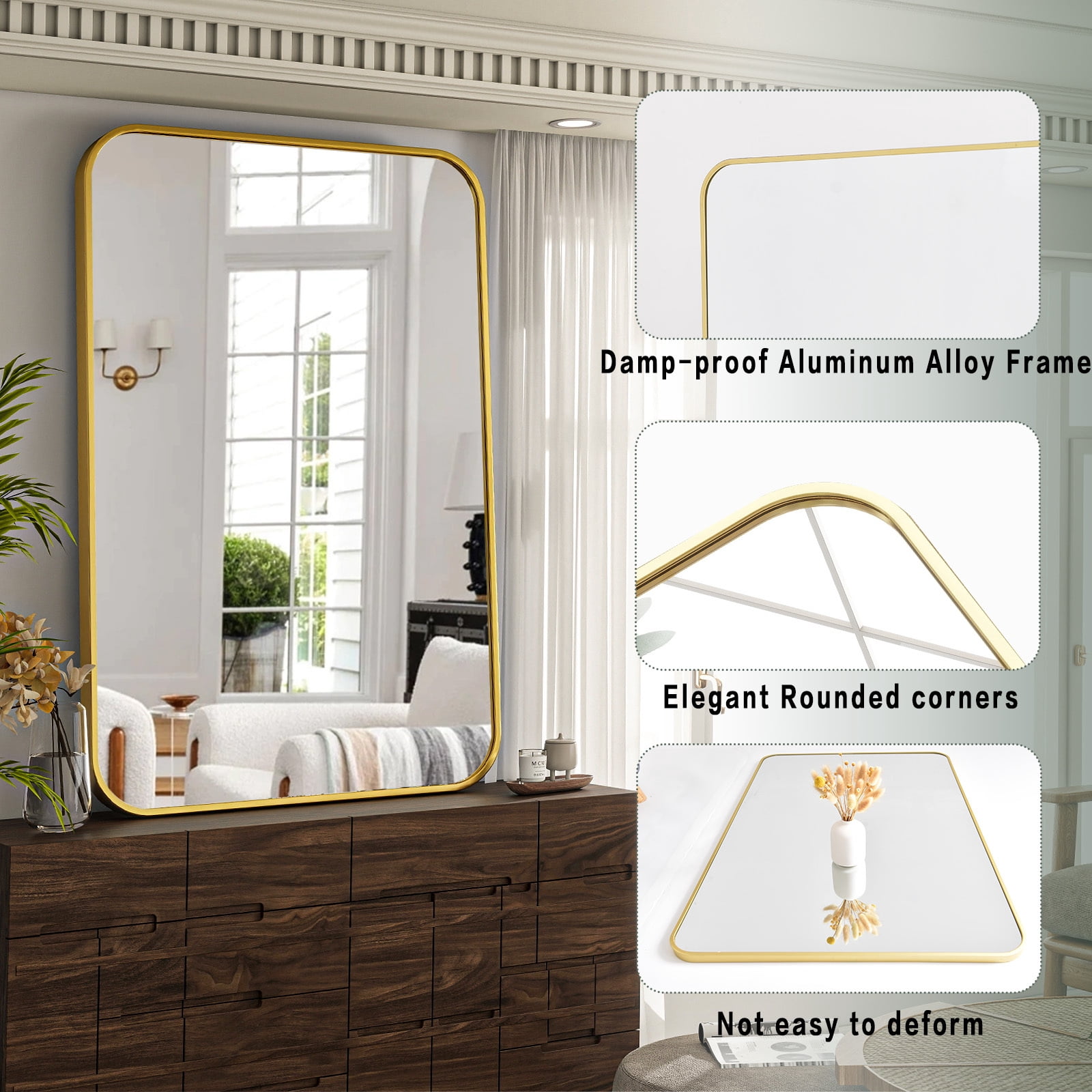 Puremirror 30"x40" Bathroom Mirror Rectangular Wall-Mounted Mirror with Metal Frame, Gold