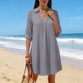 thumbnail image 5 of ClodeEU Women's Cotton Linen Lace Lapel V Neck Short Sleeve Shirt Dress,Casual Beach Cover Up Loose Dress Gray,Women's Plus L, 5 of 8