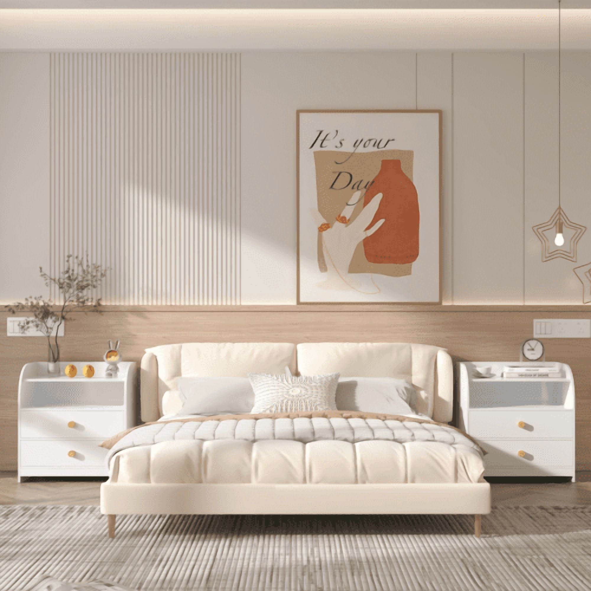 Nightstand with 2 Drawers and Open Shelf, MDF Bedside Table with Curved Side Panels, Modern End Table for Bedroom, Kids Room, Nursery, Living Room, Storage Cabinet, White