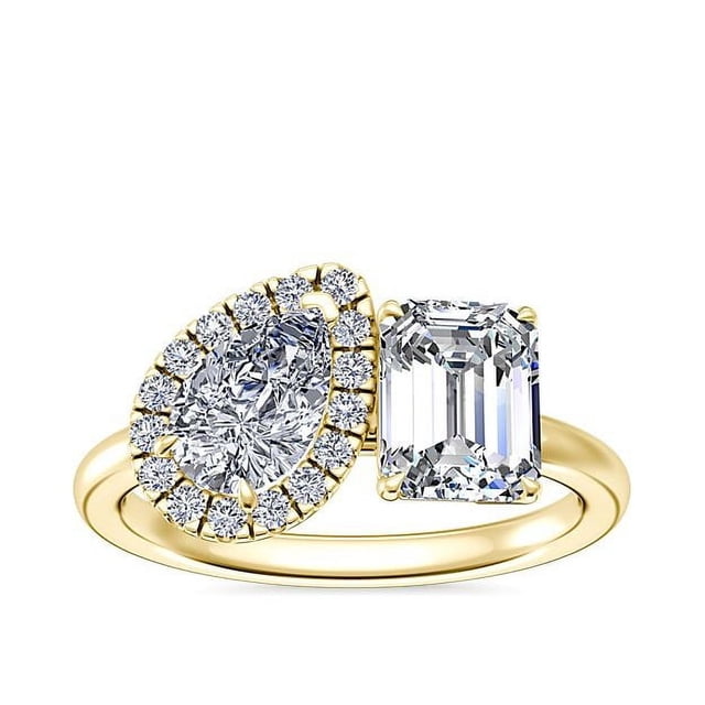 1.10 Ct Emerald & Pear Cut Genuine Diamond Wonderful Two Stone Ring for Ladies Solid 18K Yellow Gold Size 10.5