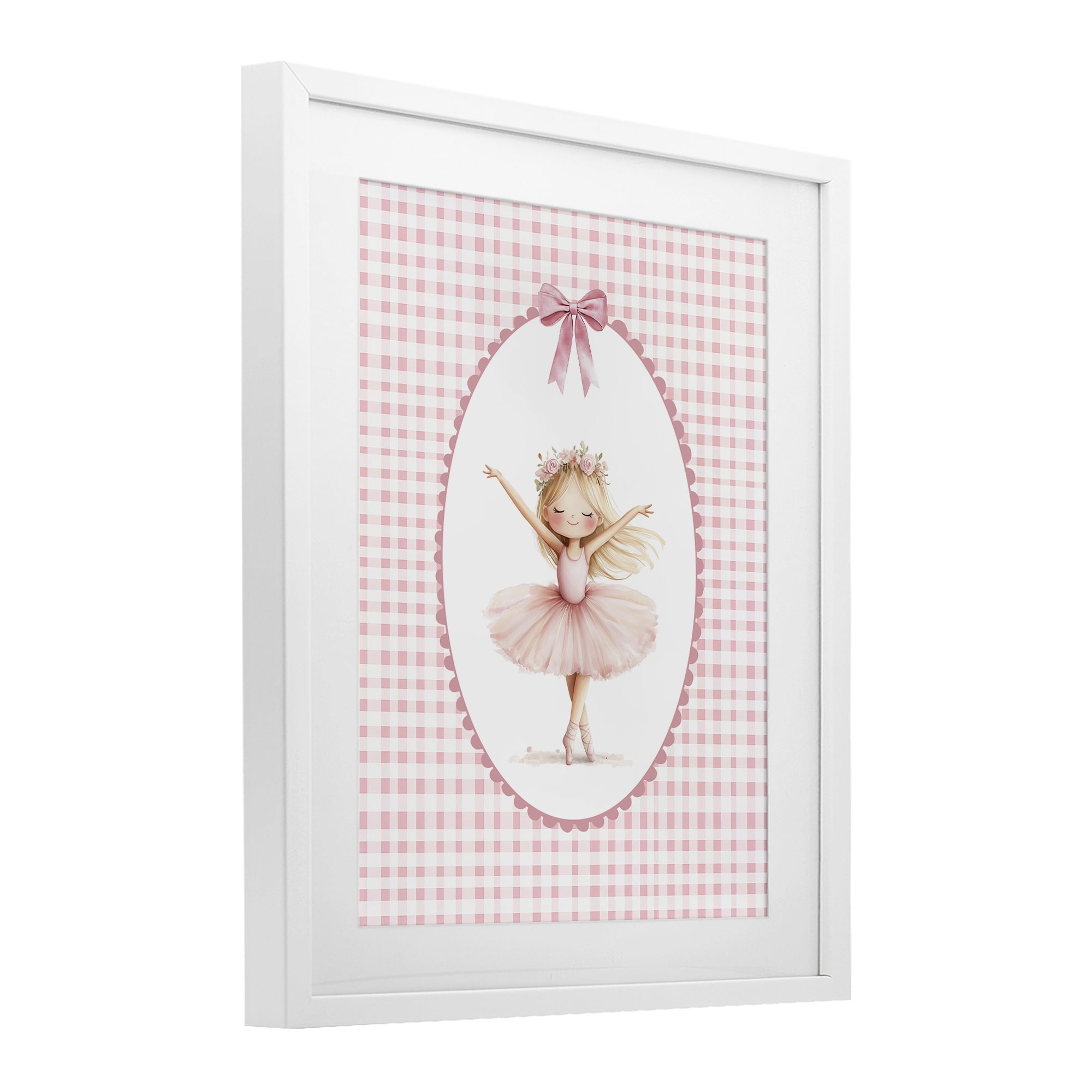 Ballerina on Pink Checkered White Framed Print Under Glass, design by Christine Simpson Art