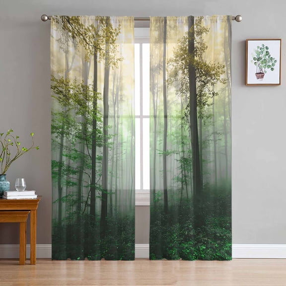 ERUNPONLY Yellow Green Forest Sheer Curtains 63 Inch Length 2 Panels Set, Vintage Foggy Woods Tree Voile Window Treatment Rod Pocket Curtains Sheers Drapes for Bedroom/Living Room/Kitchen 52x"63"x2