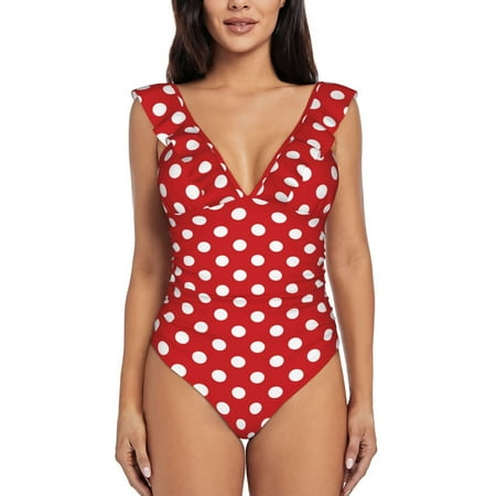 Easygdp Red Polka Dot Ruffle V Neck One Piece Swimsuit for Women Cute and Sexy with Removable Breast Pad - Large