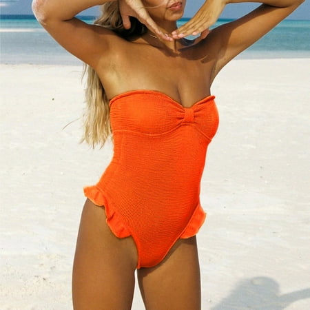 MSJUHEG One Piece Swimsuit Women Orange Swimsuits for Women Striped Swimsuits for Women Ribbed Monokinis Swimsuit Bathing Suits Swimwear Bandeau Tankini Swimsuits for Women Ruffle Bikini Orange M