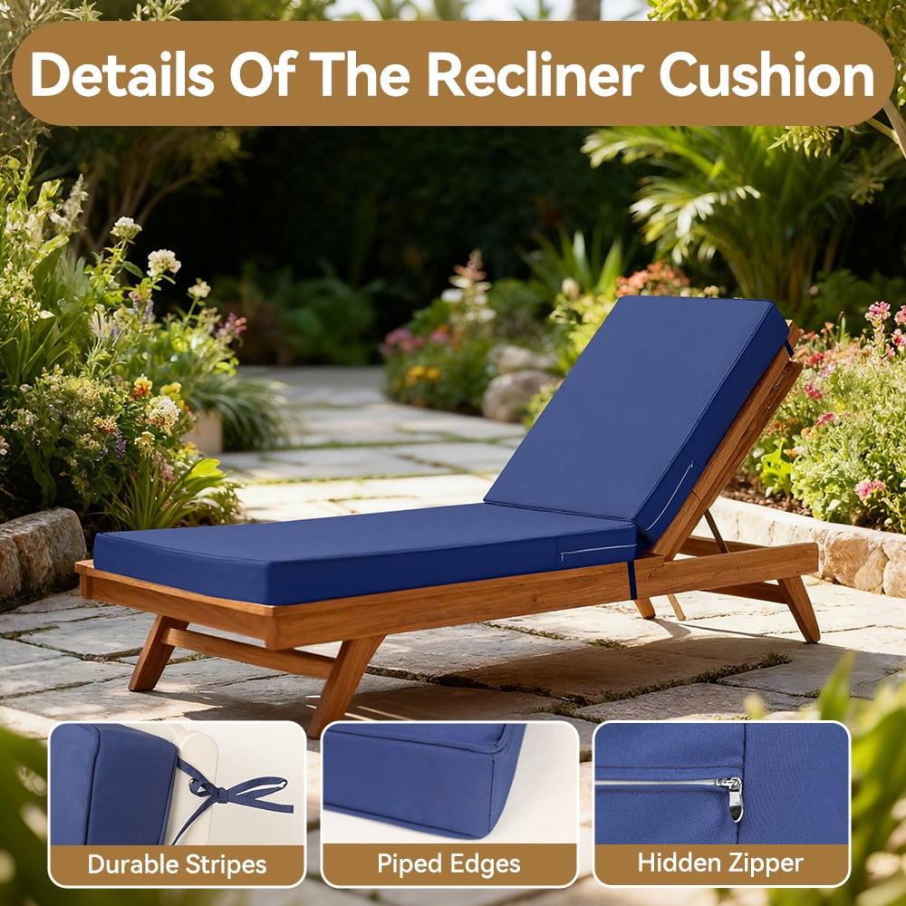 ROFIELTY 72 x 21 inch Outdoor Chaise Lounge Cushion, 3" Thick Waterproof Pad with Ties & Zipper, Blue