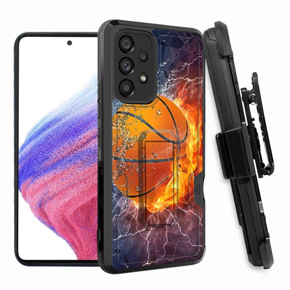 ANJ  Rugged Shockproof Hoster Case w/Card Slot, Kickstand   Tempered Glass Cover for Samsung Galaxy A33 5G - Flame on Basketball