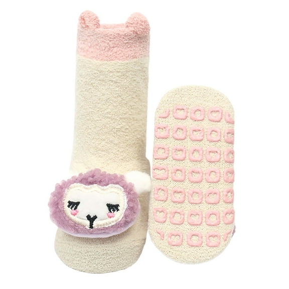 CUZIBR Girls Socks Winter Thick Warm Cartoon Animal Print Fuzzy Socks Non Glue Solid Color Breathable Comfortable Soft Ankle Socks,Beige,S