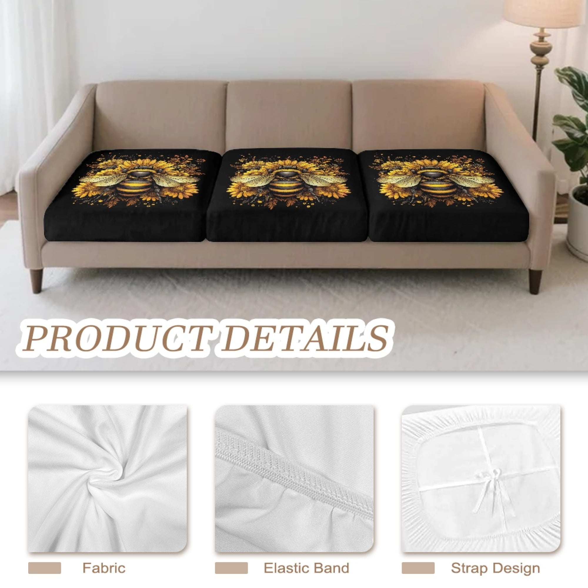 TSOVTHRID Bee Sunflower Black Print Couch Cushion Covers Washable Sofa Seat Furniture Protector Non Slip Couch Cover Decorative Cushion Slipcover Set with Elastic Bottom, 24x24 Inch