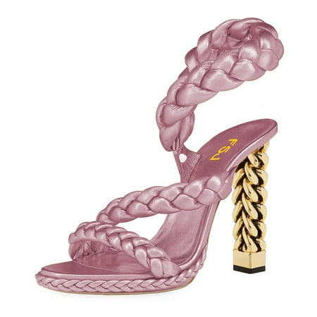 FSJ Women Braided Sandals Special Metal Chain Chunky High Heels Open Toe Platform Strappy Pump Party Wedding Bridal Prom Shoes Size 5 Pink