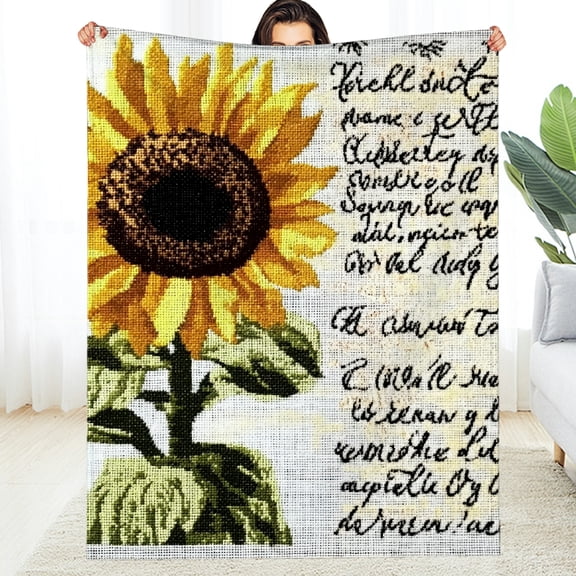 FCXZI Flannel Blanket Sunflower Poem Cross Stitch Reversible Soft 30*40in