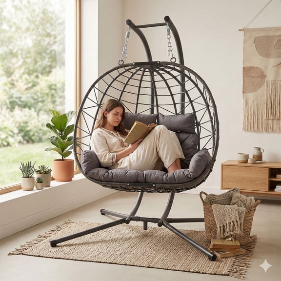 S-HOME Double Hanging Egg Chair With Stand, Stylish Hammock Swing Chair With Cushion For Indoor And Outdoor Relaxation