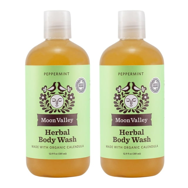 Gel de baño herbal de menta de Moon Valley, ingredientes totalmente naturales, sin parabenos, vegano, aceites esenciales hidratantes, paquete de dos