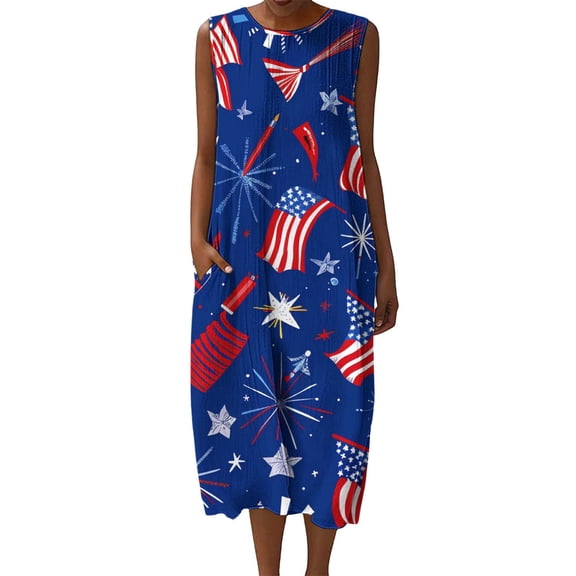 Fewfanhot Women's 4th of July 250th Anniversary American Flag Print Midi Dress, Crew Neck Sleeveless Patriotic Loose Fit Sundress with Pockets, Casual Summer Tank Dress