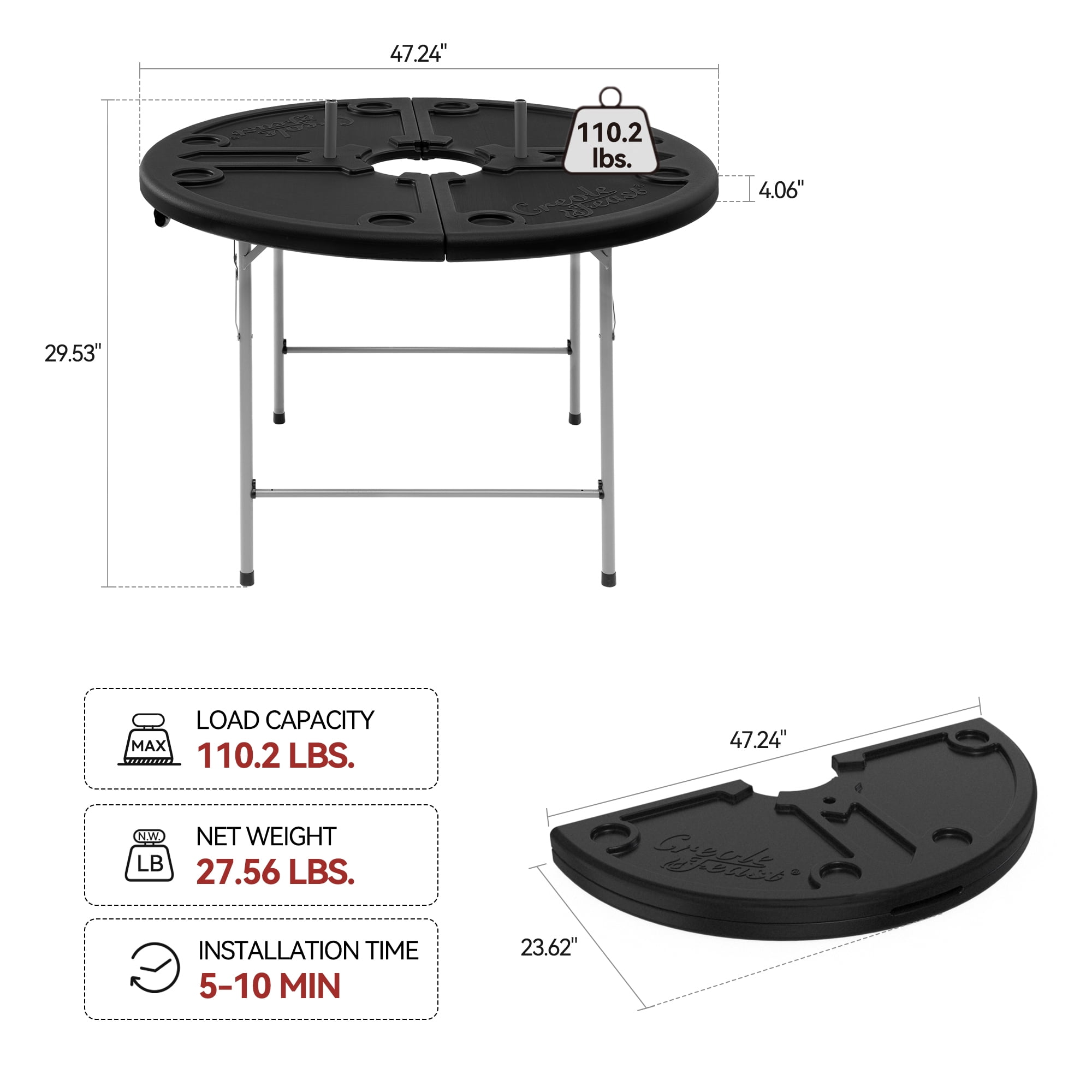 Creole Feast FT4804 Foldable 47-inch Round Crawfish Table, Seafood Table, Camping Table, Portable Table for Both Indoor & Outdoor Use, Black