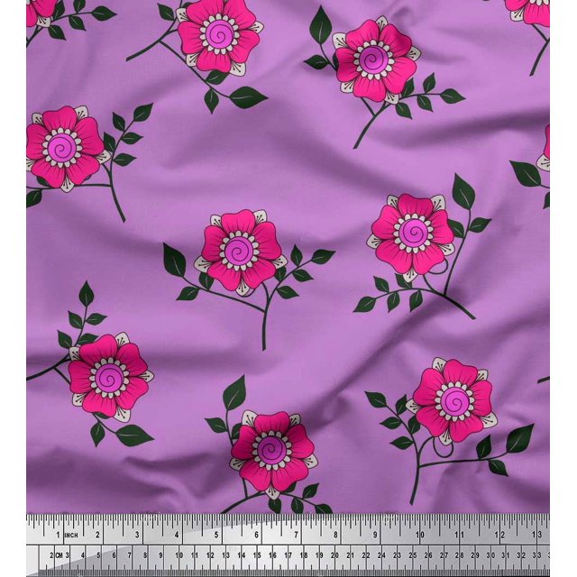 Soimoi Toile de Coton Feuilles & Fleurs Roses Imprimé Floral par Yard 56 Pouces de Large