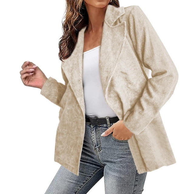 IMENGL Fall winter solid color corduroy cardigan jacket, Beige XL, Size M-3XL