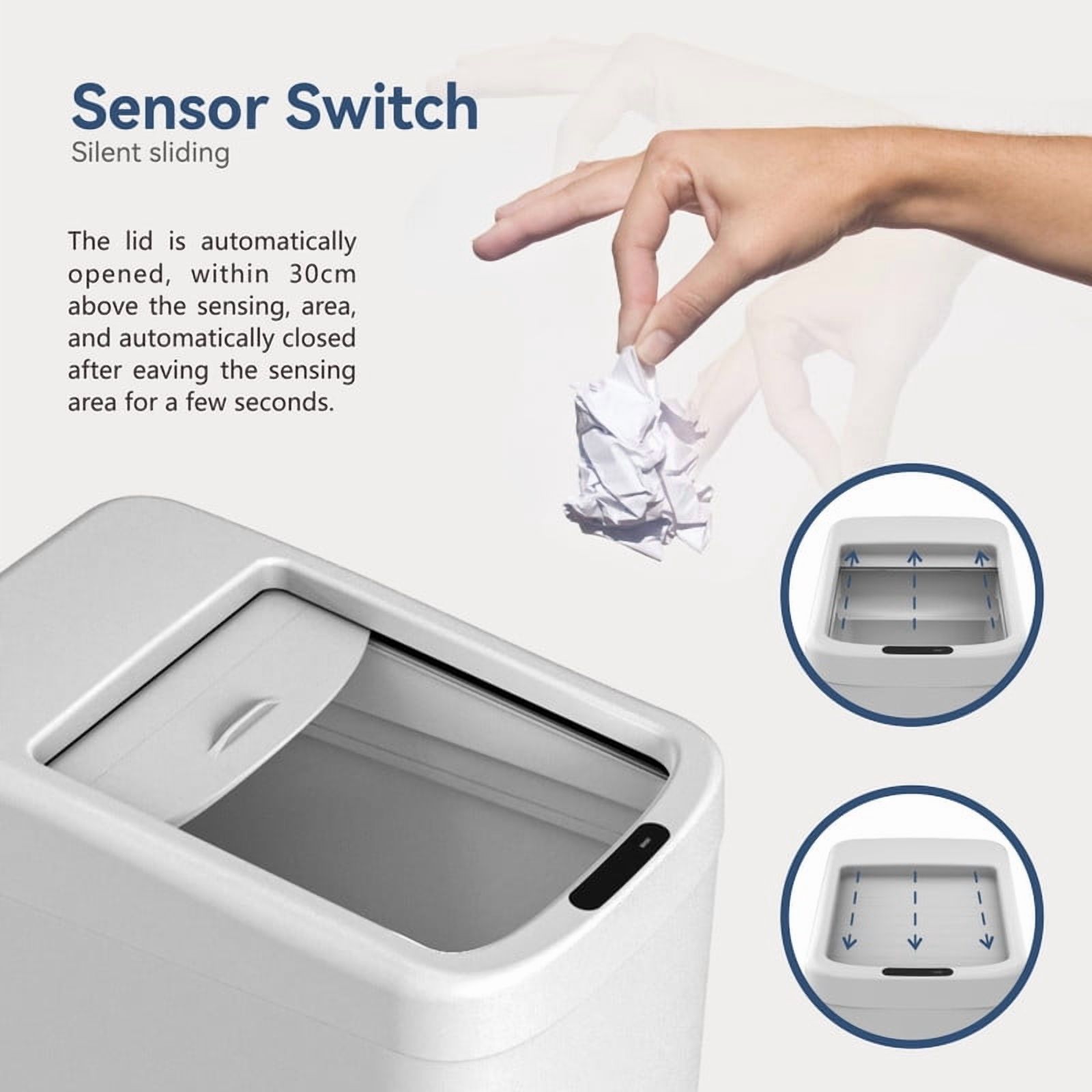 AUKTOPT 8 Gallon Motion Sensor Trash Can with Wheels, Stainless Steel Automatic Garbage Bin with Sliding Row Up Lid, Touchless Hands-Free Soft-Close, White