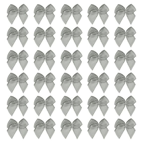 Mini Metallic Edge Ribbon Bow. 25x26mm Satin Silver Edge Ribbon Bow Appliques for Crafts DIY Hair Bows Sewing Wedding Party Christmas Decoration, (Pack of 100, Silver)