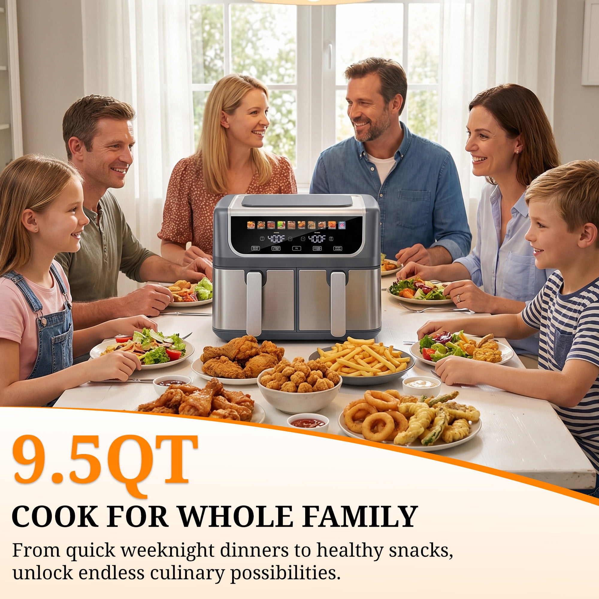 Atilioo Dual Basket Air Fryer, 9.5QT Fast Meal 10 Presets Cooker with 2 Independent 4.75Qt Basket & Sync Setting, Digital Touchcreen, Gray