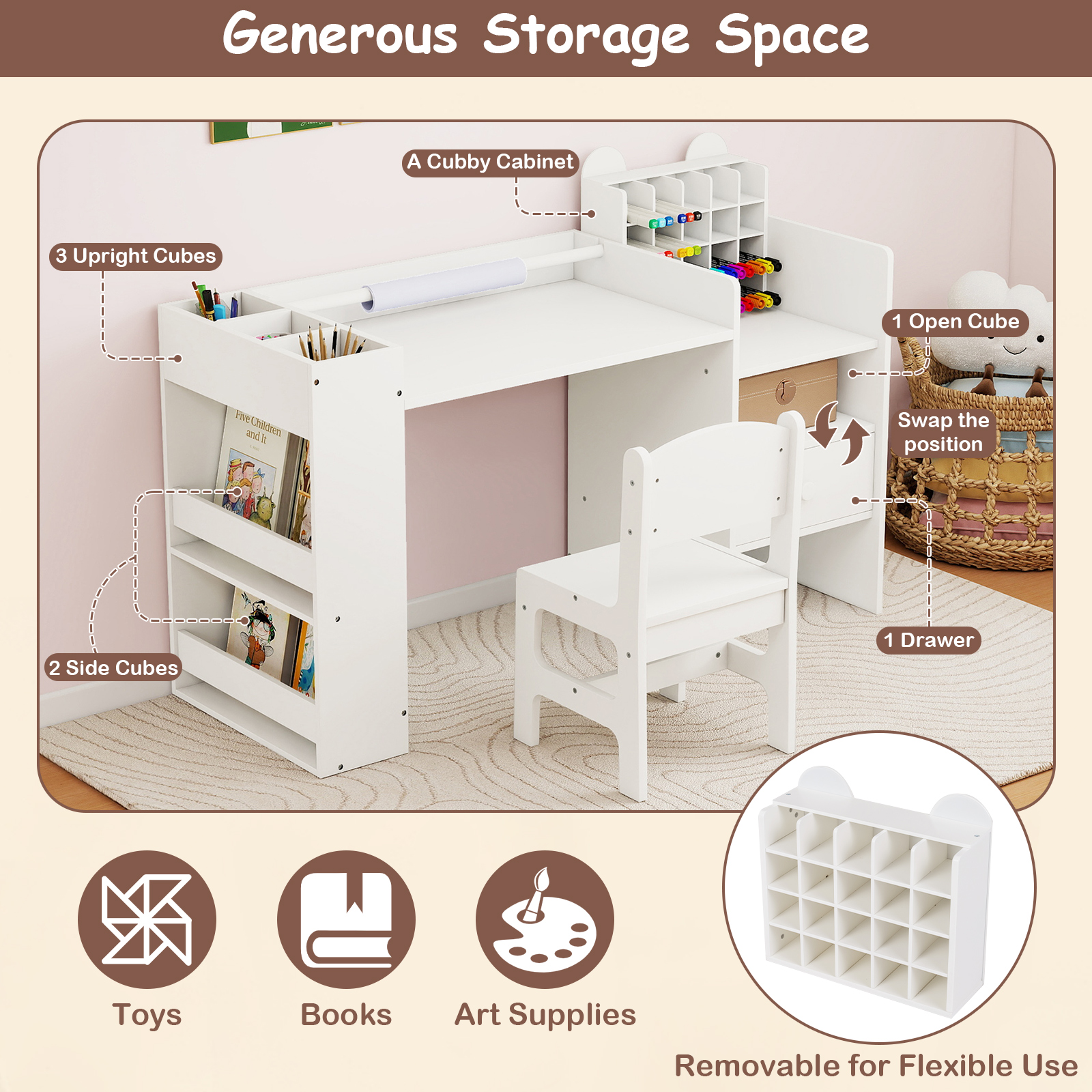 Gymax Kids Art Table & Chair Set w/Detachable Paper Roll Holder & Cubby Cabinet Drawer White