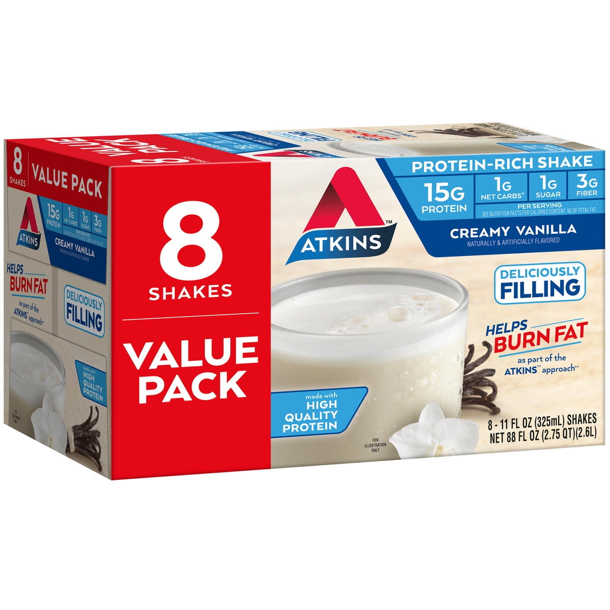Atkins Gluten Free Protein-Rich Shake, Creamy Vanilla, Keto Friendly, 8 Count (Ready to Drink)