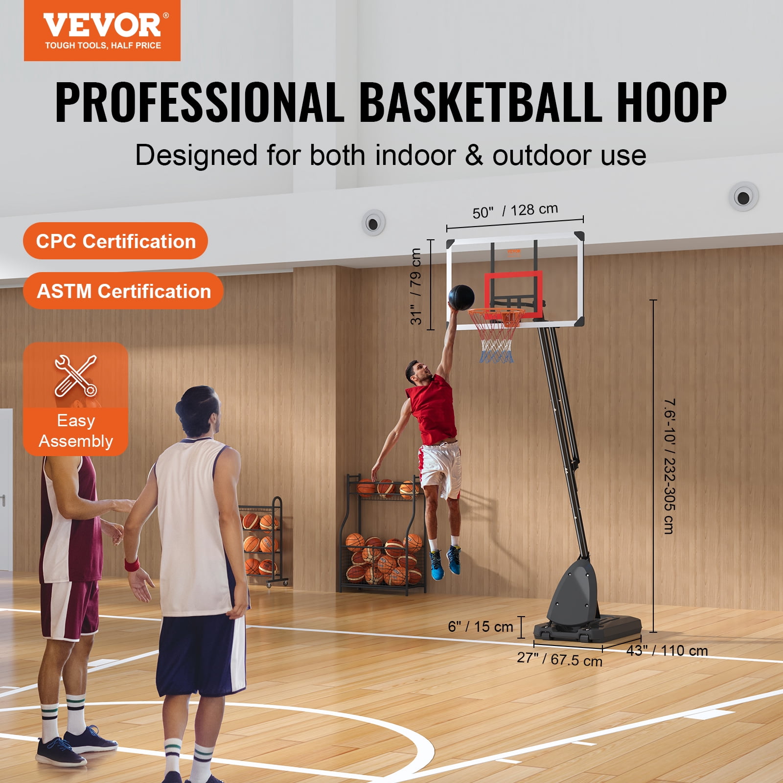 VEVOR Basketball Hoop, 7.6-10 ft Adjustable Height Portable Backboard System, 50 inch Basketball Hoop & Goal, Kids & Adults Basketball Set with Wheels, Stand, and Fillable Base