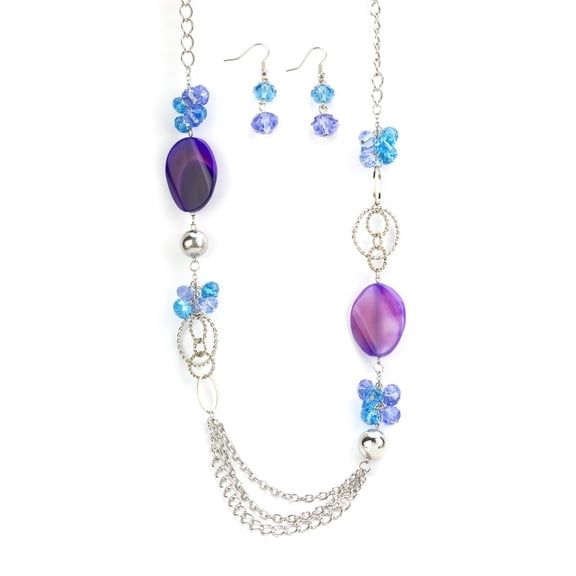 Women's Blue and Purple Glass Crystal Long Necklace and Earring Set Jewelry Necklace Earring Silver Sea Glass