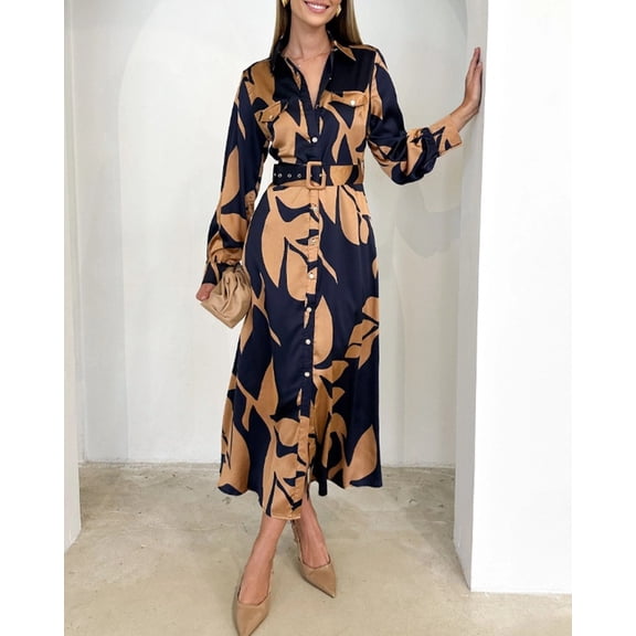 Women's Printed V-Neck Long Sleeve Elegant Retro Waist-Slimming Dress