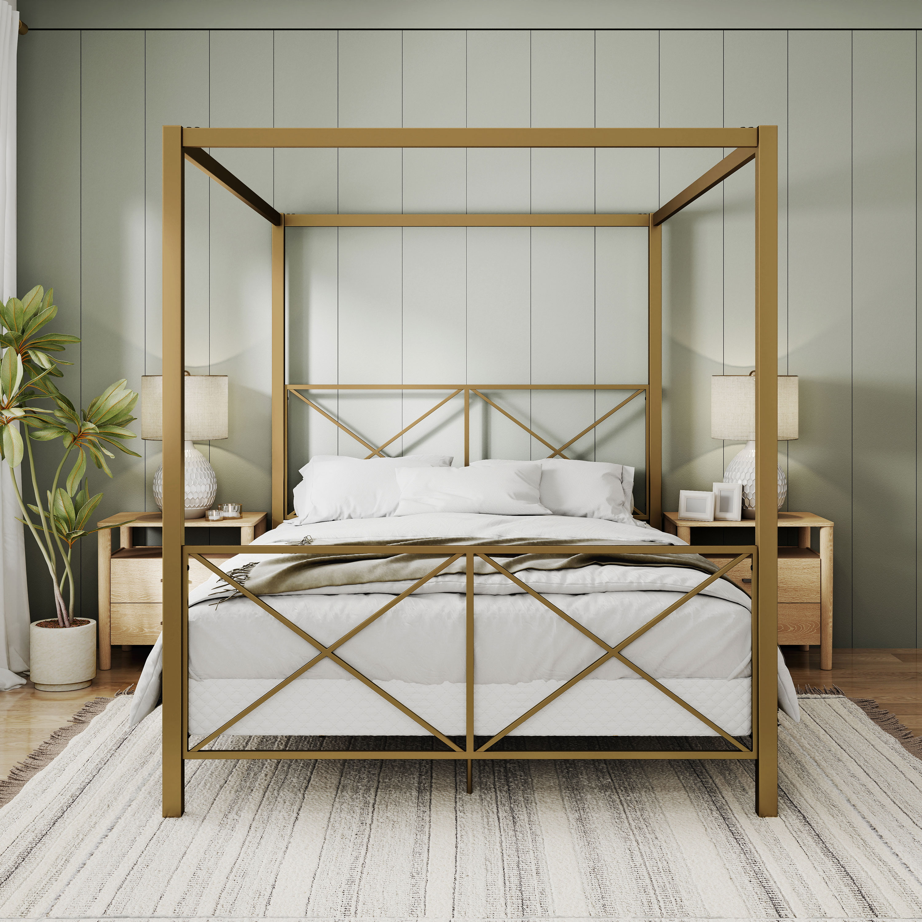 Furniture of America Rosedale Modern Metal X-Cross Canopy Bed, Queen Size, Gold