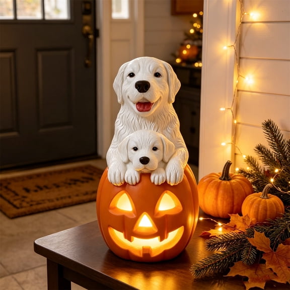 Lighted English Cream Golden Retriever with Pumpkin Blow Mold, Cute Puppy Dog Statue Halloween Decor, Battery Operated Resin Tabletop Ornament, Indoor Outdoor Home Entryway Decoration, 8"