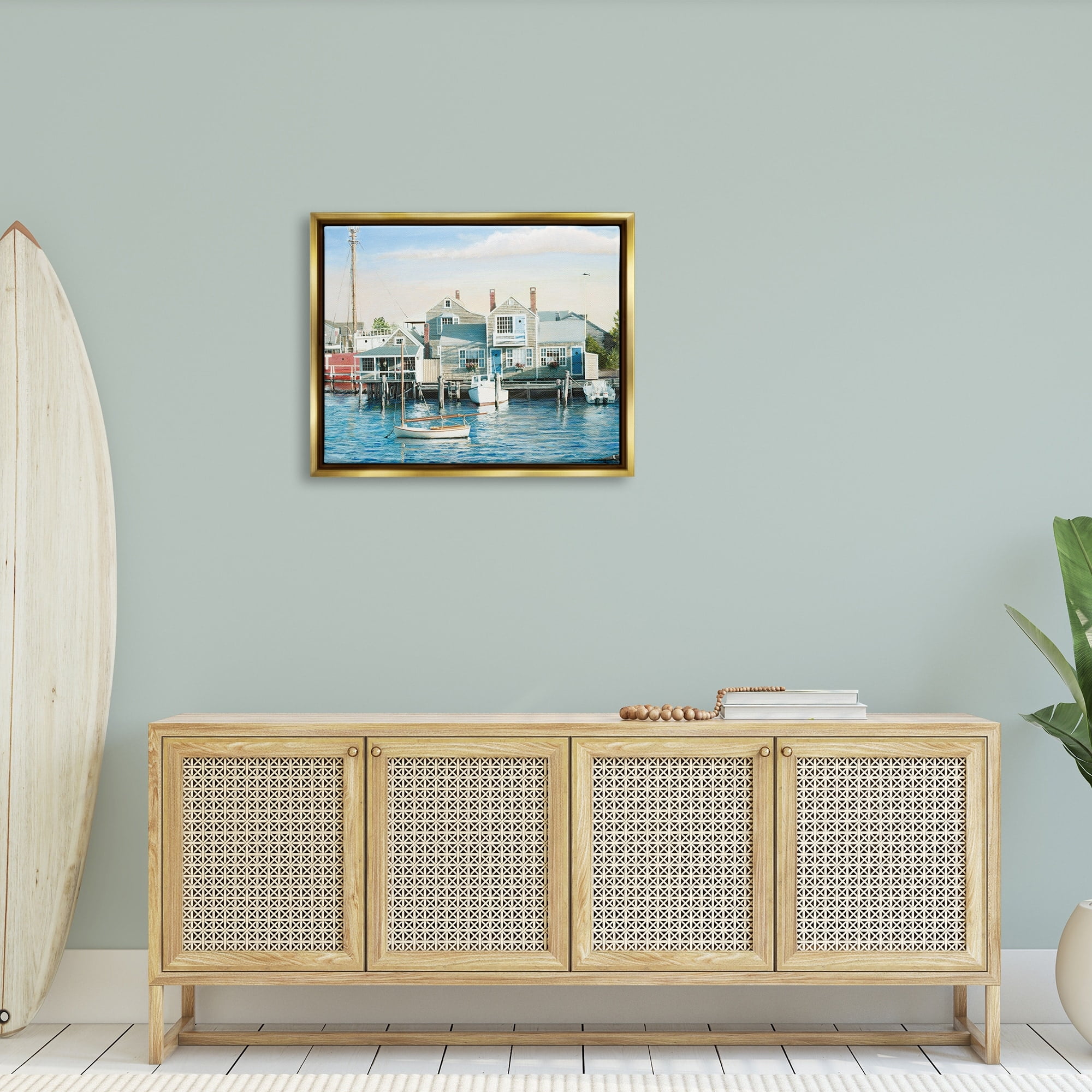 Stupell Industries Relaxing Boats Floating Harbor Marina Ocean Town Photograph Metallic Gold Floating Framed Canvas Print Wall Art, Design by Tom Mielko