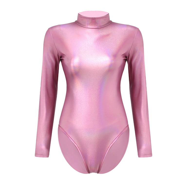 DPOIS Women Long Sleeves Turtleneck Leotard Bodysuit Pink S 
